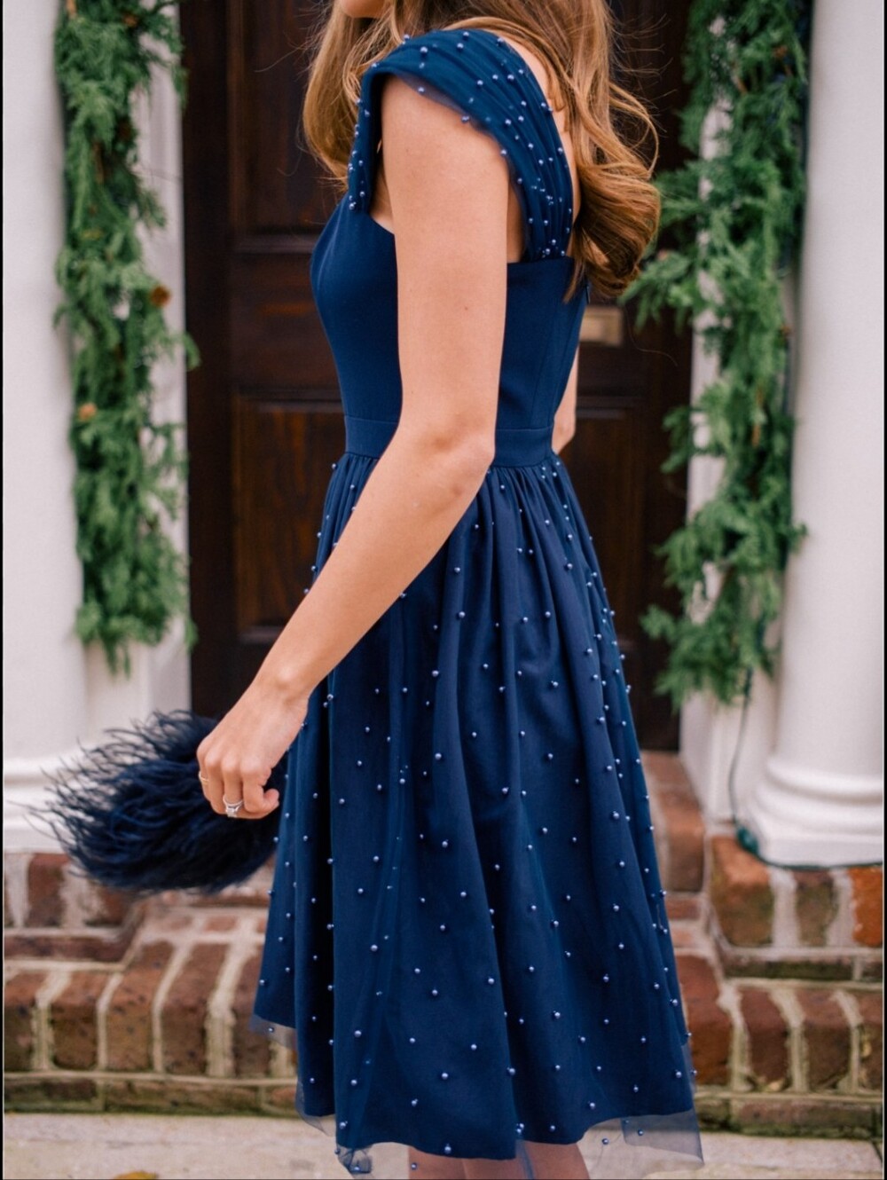 Gal Meets glam Navy Pearl-Embellished Fit & Flare Dress